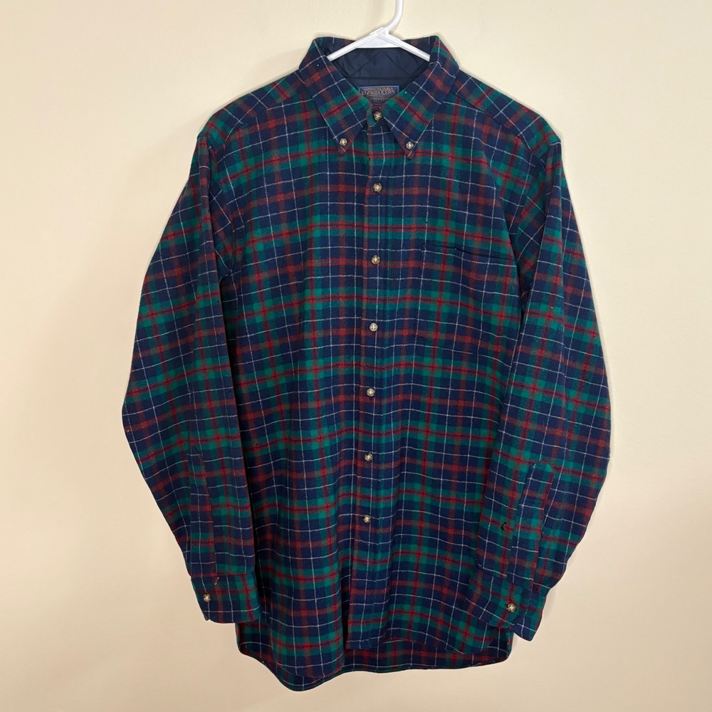 Vintage Pendleton Shirt Mens M Green Red Plaid Wool Flannel Button Down USA 60s